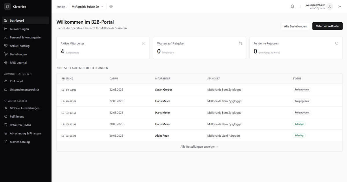 CleverTex Interface: Standorte und Kontingente verwalten